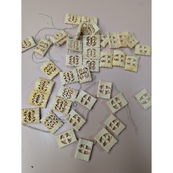 Vtg Mixed Lot Carved Bovine Bone Jewelry Lot Of 40 Tiles Crafts Handcarved Bead